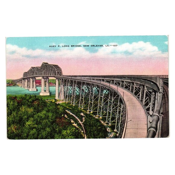 Huey P Long Bridge New Orleans LA Vintage Postcard EC Kropp Co Milwaukee 14951 - Picture 1 of 2